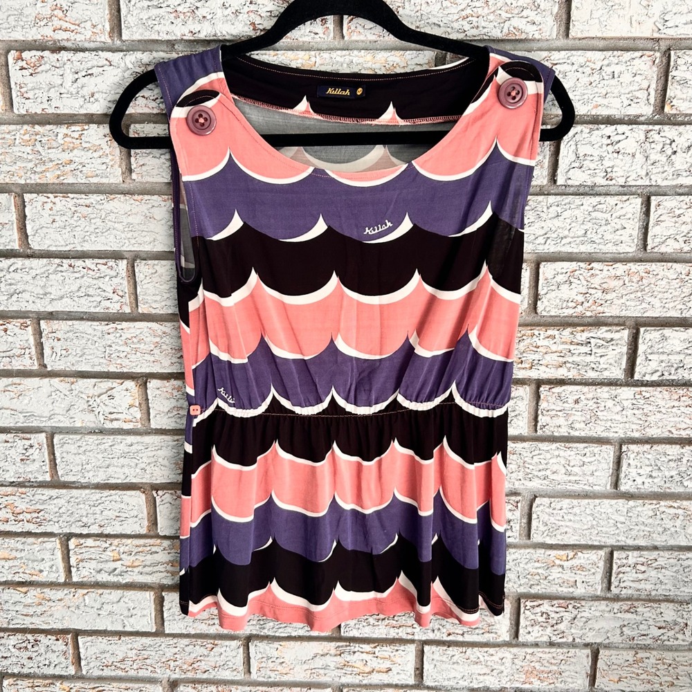 Killah Women Purple Pink Scallop Wave Print Sleeveless‎ Elastic Waist Top Size M